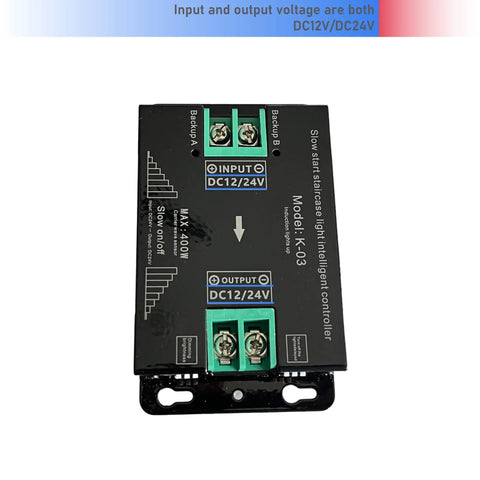 2 Wire PLC Motion Sensor Controller for Staircase and Hallway LED Lights With 12V And 24V Operation Linear Sensing Reduces False Triggers Adjustable Brightness And Delay Off Easy Install For Home Office Or Garage Lighting Projects. black DC12/24V controller with screw terminals