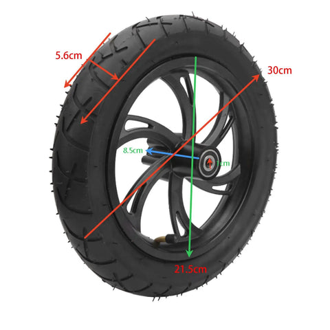 12 Inch Electric Scooter Tire With Wheel Hub Rubber Tyre Replacement 12 1/2 X 2 1/4, showing measurements and rubber material