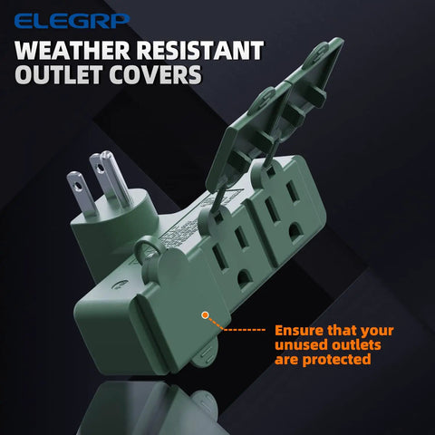 Heavy Duty Weatherproof 3 Outlet Extender Adapter With Triple Grounding And Durable Thermoplastic Construction, Dust Proof Cover, Indoor Outdoor Use, ETL Listed, Grounded Safety, 1 Pack, Green, with visible weather resistant outlet covers.