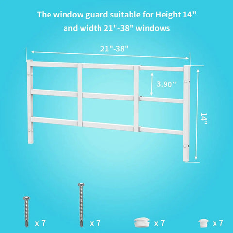 Beefy Kid Proof Window Guard Fixed Child Safety Barrier With No Sweat Setup And Tight Bar Spacing Non Egress Design. 14" tall and 21-38" wide.
