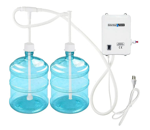 Dual inlet 110V drinking water pump system for 5-gallon bottles with BPA free food grade hose, ideal for fridge, ice maker, and coffee maker use.