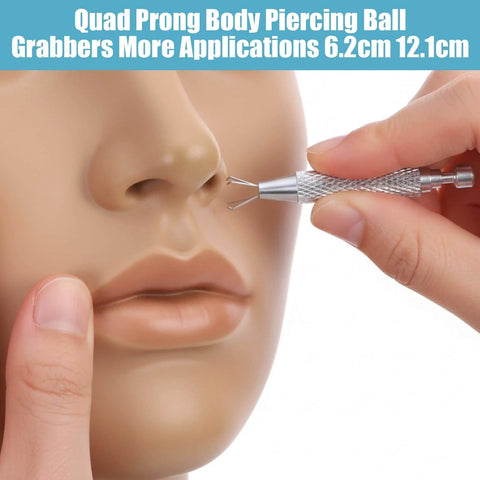 Using 13 Piece Piercing Ball Grabber Tool Set for Easy Jewelry Changes, inserting ball grabber into nose of mannequin.