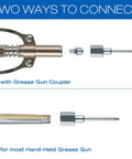 Gulfmew metal grease needle nozzle adapter with 1/8 in NPT threads; grease gun fittings and needle tips shown