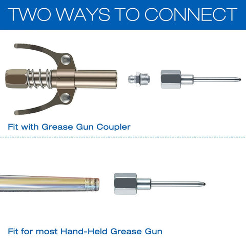 Gulfmew metal grease needle nozzle adapter with 1/8 in NPT threads; grease gun fittings and needle tips shown