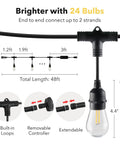 Diagram showing the 48 Feet Outdoor String Lights With 24 LED Bulbs, Smart Dimmable Shatterproof Patio Lighting dimensions and features.