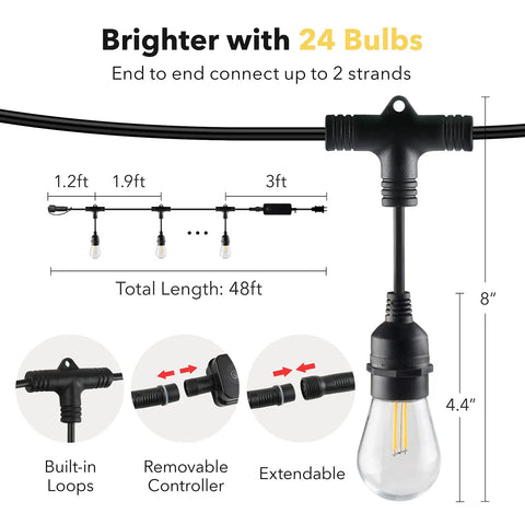 Diagram showing the 48 Feet Outdoor String Lights With 24 LED Bulbs, Smart Dimmable Shatterproof Patio Lighting dimensions and features.