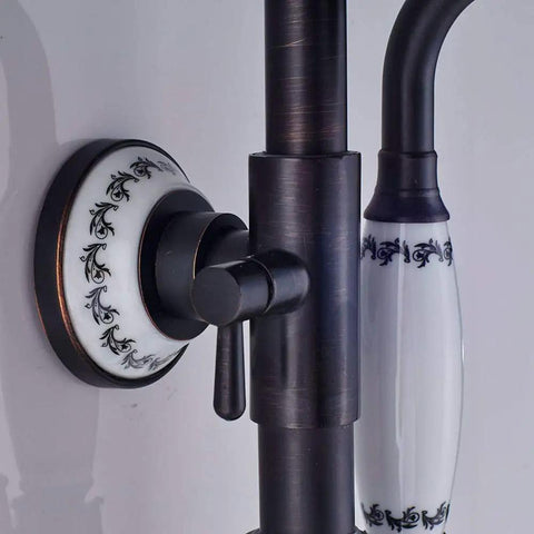 UMJIGF Shower System with Hot and Cold Water Shower Combo Set Multifunction Double Handles Shower Faucet Set with Shower Head close-up view of the faucet handle and control.