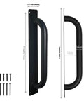Beefy 12 Inch Heavy Duty Steel Barn Door Handles Black Powder Coat 2 Pack Gate Pulls shown with dimensions and screws