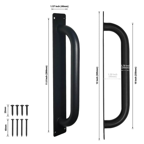 Beefy 12 Inch Heavy Duty Steel Barn Door Handles Black Powder Coat 2 Pack Gate Pulls shown with dimensions and screws