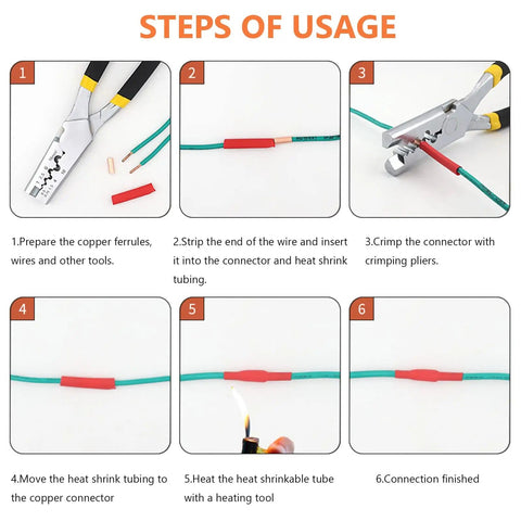 Step-by-step guide for using 480 Piece Wire Ferrules Kit Copper Crimp Connectors in 7 Sizes AWG 6 to 18 with heat shrink tubing.