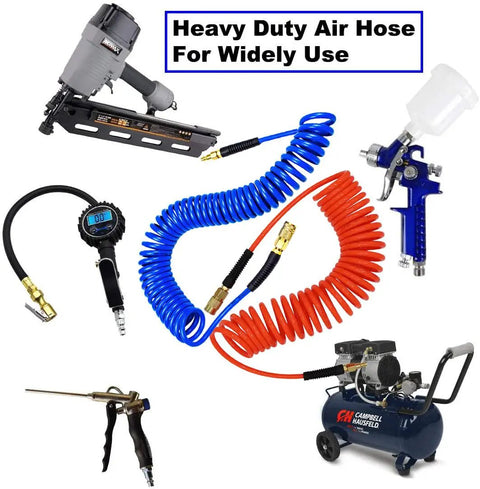 Two Pack Polyurethane Recoil Air Hose For Air Compressor 25 Feet Long With Bend Restrictor One Quarter Inch Inner Diameter Includes Industrial Quick Coupler And Plug Red And Blue coiled with tools