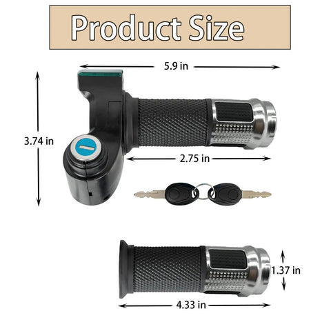 Product size dimensions of pair of universal electric bike throttle grips with key full twist handlebar with LCD battery voltage display 12V to 84V compatible throttle for e bike scooter motorcycle