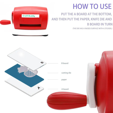 Manual Die Cutting and Embossing Machine for DIY Projects with instructional guide on board setup for cards and scrapbooking.