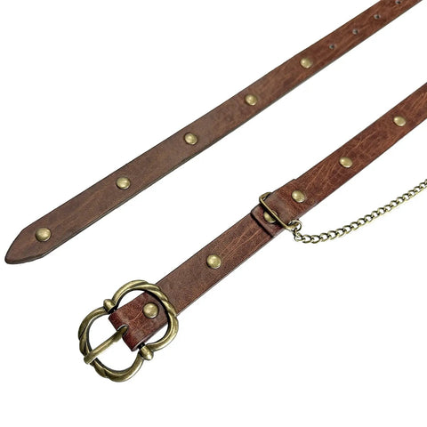 Snag This Fresh Medieval Faux Leather Wrap Belt To Kick Up Your Vintage Look With Adjustable Chain Details And A Snug Custom Fit That Elevates Your Everyday Streetwear Game Instantly, featuring brown strap and brass buckle.
