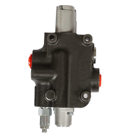 Side view of black hydraulic valve block with red port plugs and silver inlet/outlet fittings