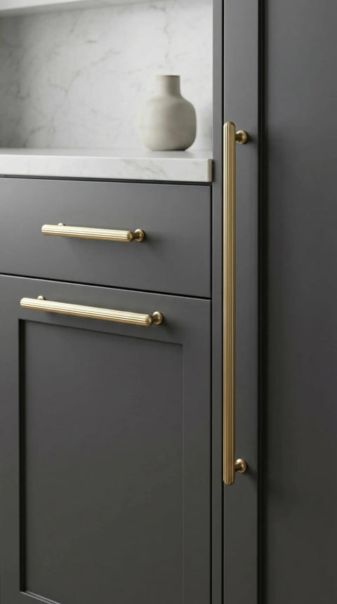 Go-To Champagne Bronze Cabinet Pulls Set Of 6 With Ribbed Knurled Texture And Anti Fingerprint Finish, on dark cabinet