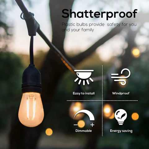 15 Pack Dimmable S14 LED Bulbs 2W 2700K Cozy Warm White Vintage Filament Vibe Waterproof Outdoor String Lights Shatterproof E26