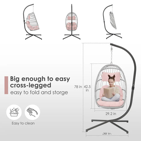 Dimensions of Pink Egg Chair With Stand For Indoor Outdoor Chillaxing, Swinging Wicker Hammock Chair With UV Resistant Cushion, Sturdy Aluminum Steel Frame