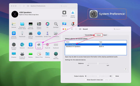 System preferences screen showing USB speakers setup on macOS. Focus keyword: Plug And Play USB Computer Speakers For Desktop PC And Laptop Tiny Monitor Soundbar With Deep Bass That Cranks Up Loud Wired External Speaker Clamp On Monitor Mount USB C Ready Works With Windows Mac Chrome Linux.