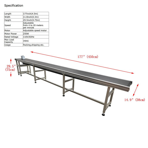 Heavy Duty Electric PVC Belt Conveyor With Adjustable Speed Desktop Transport Machine Aluminum Alloy Frame Industrial Grade 177 Inch Long By 11.8 Inch Wide 250W 110V Black Workhorse For Easy Setup.