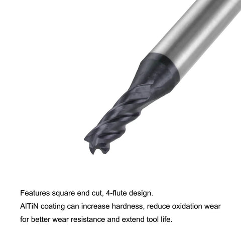 Close-up of 2.5mm Square Nose End Mill Pack Of 2 Solid Carbide CNC Router Bits With AlTiN Coating and 4 Flute Spiral Milling Cutter