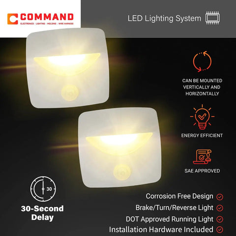12V LED Motion Activated Step Light For RVs Campers And Trailers Surface Mount With Clear Lens White Frame 2 Pack, shown lit