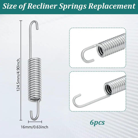 Solid 5 Inch Recliner Spring Replacement Set For Couch And Chair Mechanism Fix No Sweat Tension Coil Extensions With Secure Hook For Furniture Refresh And Comfort, showing 6 iron coil springs, size 4.90x0.63 inch.
