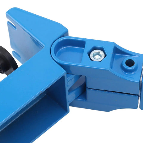 Premium Adjustable Bench Drill Stand Mount Featuring 360 Swivel Head close-up of blue aluminum fixture detail with mounting area.