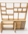 Wooden dollhouse cabinet with open doors showing gold mini brass hinges set for dollhouse and tiny furniture.