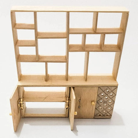 Wooden dollhouse cabinet with open doors showing gold mini brass hinges set for dollhouse and tiny furniture.