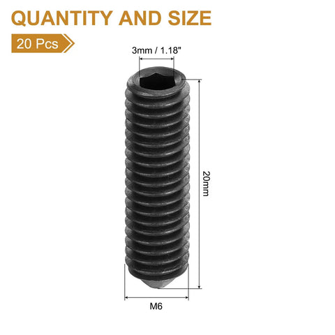 Set Of 20 M6x20mm Carbon Steel Cone Point Hex Socket Grub Screws Allen Head Black Finish For Machinery Home Repairs And Fixtures