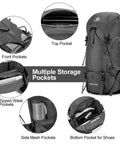 Multiple storage pockets of 65 Plus 5L Hiking And Camping Backpack Water Resistant Built For Outdoor Climbing With Breathable Back Panel And Multiple Pockets A Real Workhorse For Any Adventure
