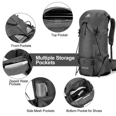 Trail Ready 70L Hiking Backpack For Camping with multiple pockets, water resistant ripstop build, and adjustable straps