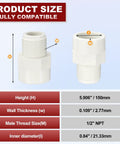 Diagram showing dimensions of Half Inch PVC NPT Male Thread Adapter Slip Coupling for Schedule 40 Pipes, leak-free.