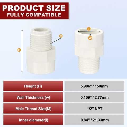 Diagram showing dimensions of Half Inch PVC NPT Male Thread Adapter Slip Coupling for Schedule 40 Pipes, leak-free.