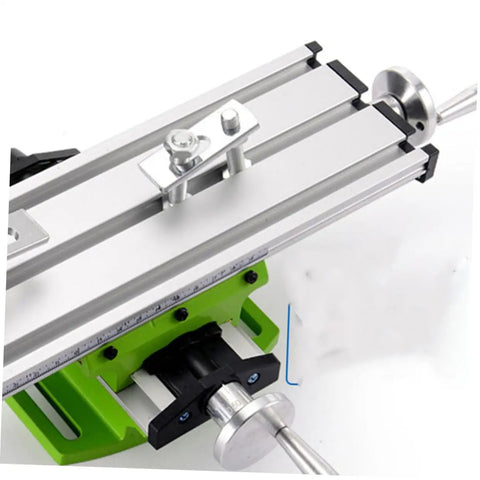 Rock Solid Mini Milling Machine Worktable With Slick Compound Drill Slide Table showing aluminum construction and precision hand wheels.