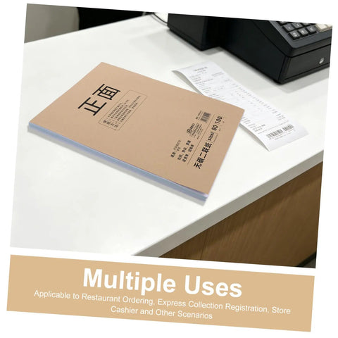 Two Part Carbonless Paper Writing Pads For Handwritten Notes And Duplicate Copies, A4 Size White And Yellow Office Paper, Portable 50 Set Note Pads For Quick Orders, Invoices, And Payments In Office Or Retail. A4 carbonless duplicate pad on office desk with receipt