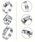 All In One Heavy Duty Stainless Steel Hose Clamp Kit With 24 Adjustable Worm Gear Clamps One Quarter Inch To Three Inches 6 To 76mm Ideal For Fuel Lines Garden Hoses Plumbing And Automotive Repairs featuring three stainless clamps with close-up details.