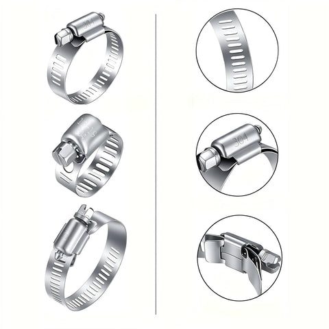 All In One Heavy Duty Stainless Steel Hose Clamp Kit With 24 Adjustable Worm Gear Clamps One Quarter Inch To Three Inches 6 To 76mm Ideal For Fuel Lines Garden Hoses Plumbing And Automotive Repairs featuring three stainless clamps with close-up details.