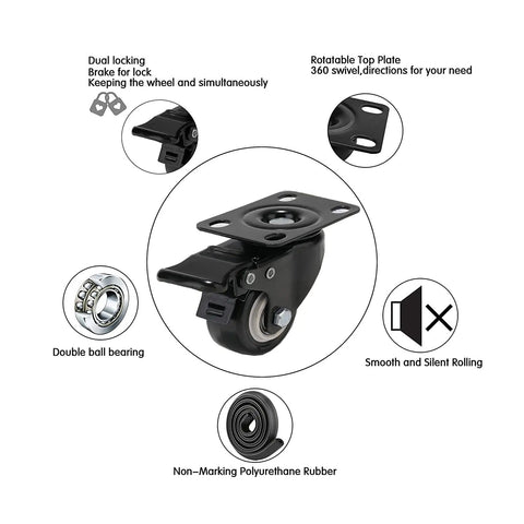 Built Tough 2 Inch Caster Wheels Set Of 4 Locking Swivel Casters With Brake Double Ball Bearing heavy duty swivel caster showing dual lock and rubber tread.