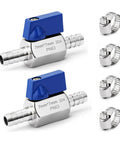 Two Pack One Quarter Inch Hose Barb Ball Valve Kit In Stainless Steel With Clamps Mini Shut Off Valve For Water Oil Gas And Chemicals