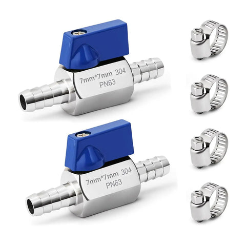 Two Pack One Quarter Inch Hose Barb Ball Valve Kit In Stainless Steel With Clamps Mini Shut Off Valve For Water Oil Gas And Chemicals