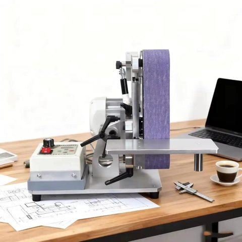 Powerhouse 750W Belt Sander With 915X50mm Sanding Belt For Metal And Wood Projects pivoting design shown from side view on workbench.