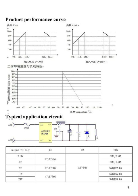 Performance curves and application circuit diagram for Two Pack 220V To 5V Isolated Switching Power Supply Module Board