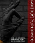Hand showing black textured Heavy Duty Industrial Nitrile Work Gloves Eight Mil Thick Rock Solid Diamond Grip, suitable for various tasks.