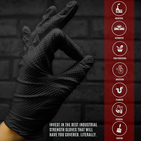 Hand showing black textured Heavy Duty Industrial Nitrile Work Gloves Eight Mil Thick Rock Solid Diamond Grip, suitable for various tasks.