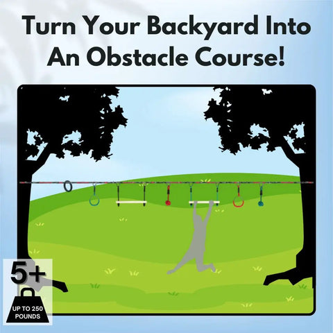 Silhouette using Ninjaline 36 Foot Intro Kit With Seven Hanging Attachments in backyard, tree-mounted obstacle course.