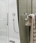 Heavy Duty Zinc Alloy Shower Door Handle Replacement Kit Slick Chrome Finish Towel Bar Brackets Set with towels hanging in the shower.
