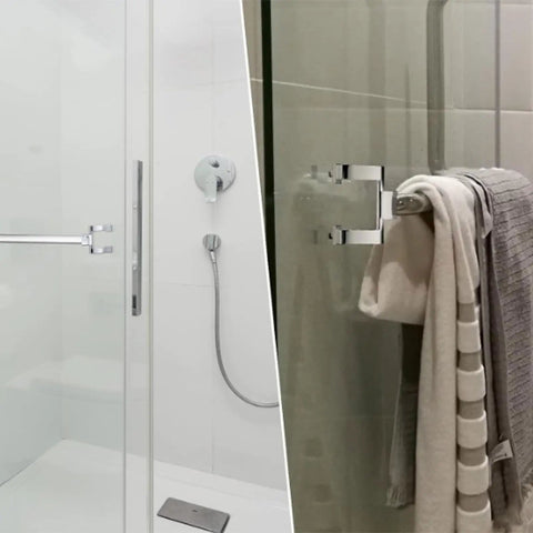 Heavy Duty Zinc Alloy Shower Door Handle Replacement Kit Slick Chrome Finish Towel Bar Brackets Set with towels hanging in the shower.