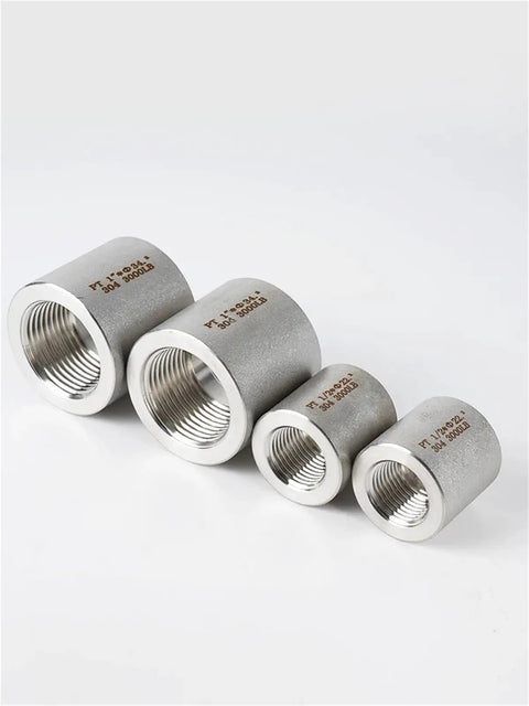 Heavy Duty Stainless Steel Socket Weld Pipe Fitting Connector Kit With NPT Female Threads From One Quarter To Two Inches 304 Stainless BSPT Pro Grade High Pressure Two Sockets, various sizes displayed
